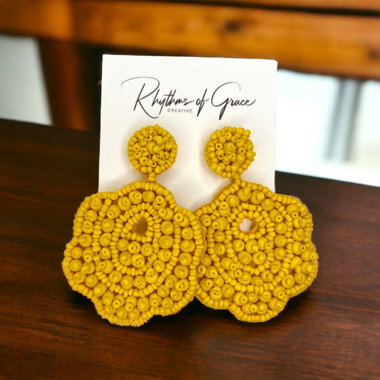 Beaded Flower Earrings - Boho Earrings, Bohemian Style, Kentucky Derby, Yellow Earrings, Handmade Jewelry