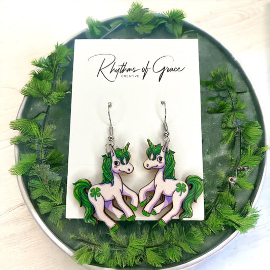 Lucky Unicorn Earrings - Saint Patrick&#39;s Day, Green Earrings, Lucky Earrings, Luck Accessories, St. Patrick&#39;s Day