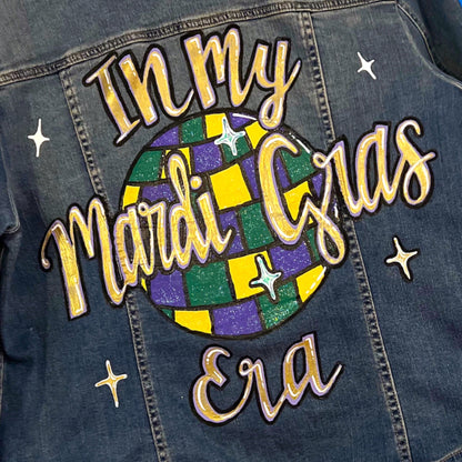 Hand Painted Mardi Gras Jean Jacket - Mardi Gras, Painted Jean Jacket, New Orleans, NOLA, Purple Green Gold, Mardi Gras, Parade Outfit