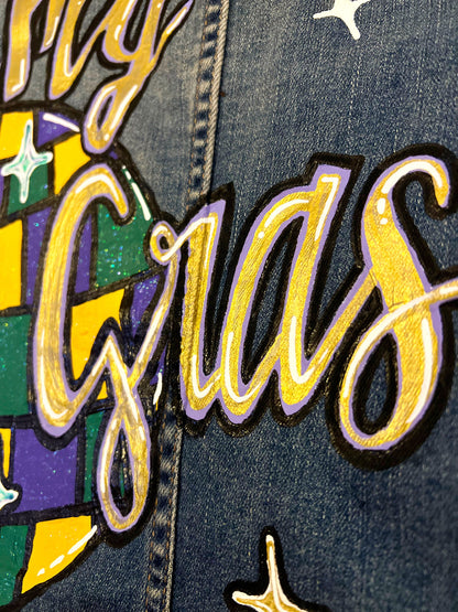 Hand Painted Mardi Gras Jean Jacket - Mardi Gras, Painted Jean Jacket, New Orleans, NOLA, Purple Green Gold, Mardi Gras, Parade Outfit