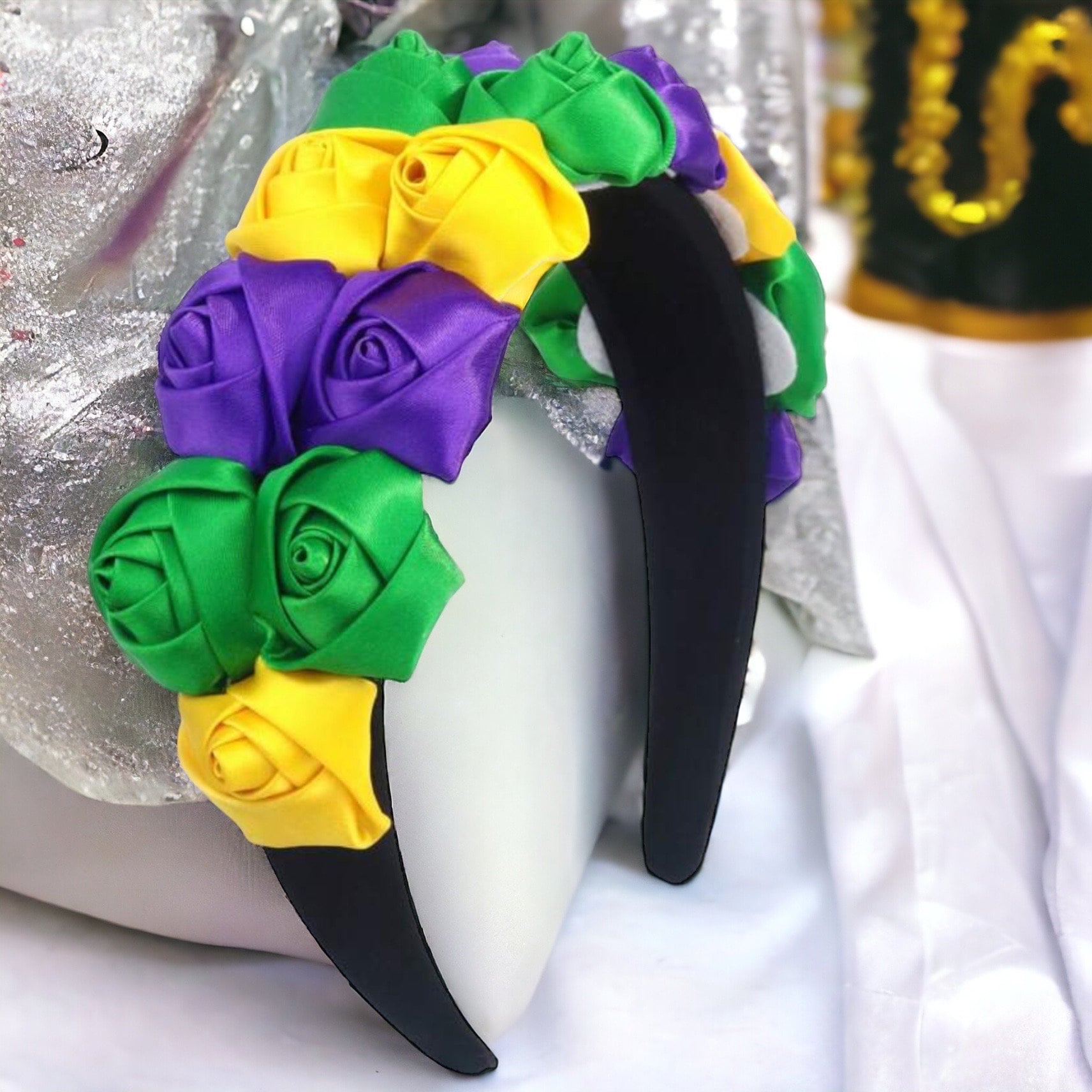 Flaunt Your Festive Flair: Mardi Gras Rose Headband - Rhythms of Grace Creative