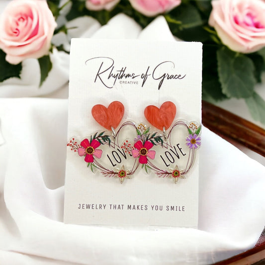 Floral Love Affair – Whimsical Heart Earrings with Flowers & Script - Rhythms of Grace Creative