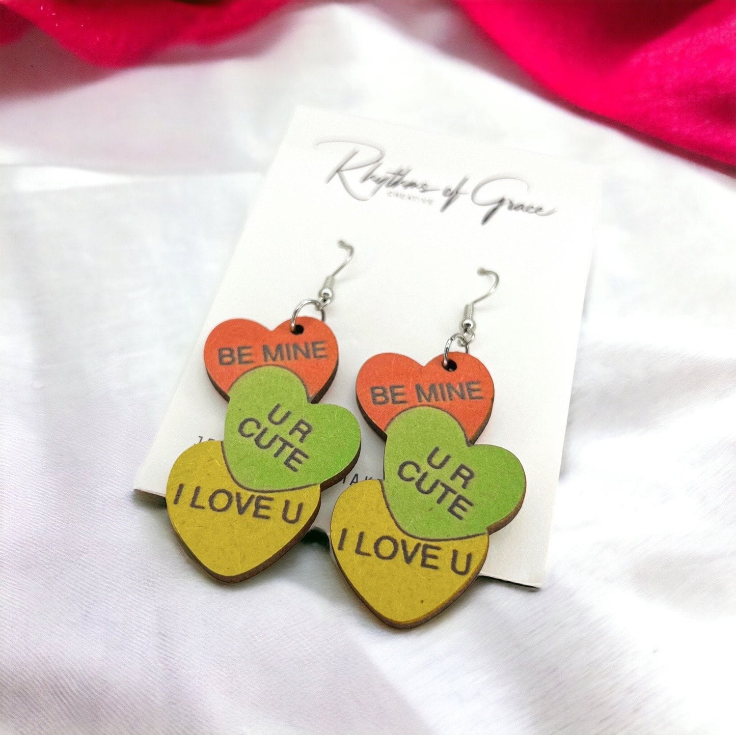 Conversation Heart Earrings, Pink Earrings, Valentine’s Earrings, Love Earrings, Heart Accessories, Happy Valentine’s Day, Colorful Hearts