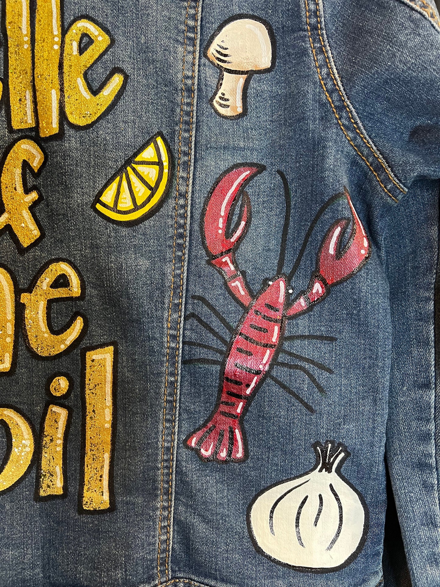 Hand Painted Mardi Gras Jean Jacket - Mardi Gras, Painted Jean Jacket, New Orleans, Crawfish Boil, Parade Outfit, Belle of the Boil, Mudbug