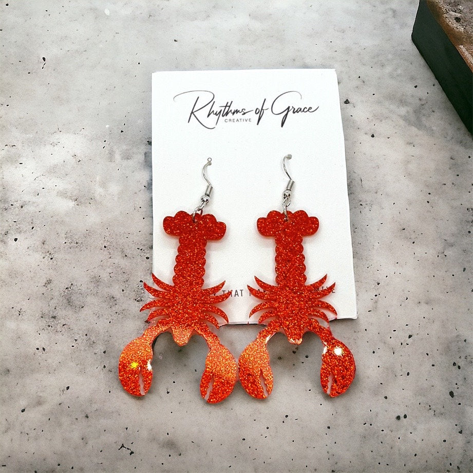 Catch the Cajun Vibe: Dazzling Red Glitter Crawfish Earrings! - Rhythms of Grace Creative