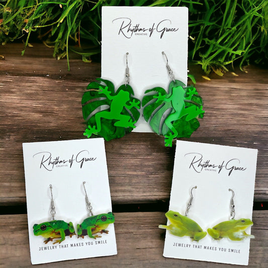 Frog Earrings - Frog Jewelry, Handmade Earrings, Tree Frog, Animal Earrings, Animal Jewelry, Frog Accessories, Green Frog, Frog Prince