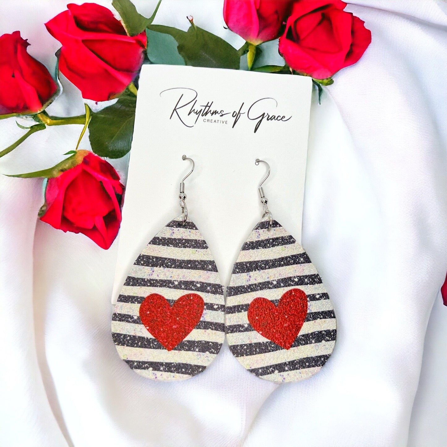 Stripe Me Sweet – Red Heart Teardrop Earrings with Bold Black & White Stripes - Rhythms of Grace Creative