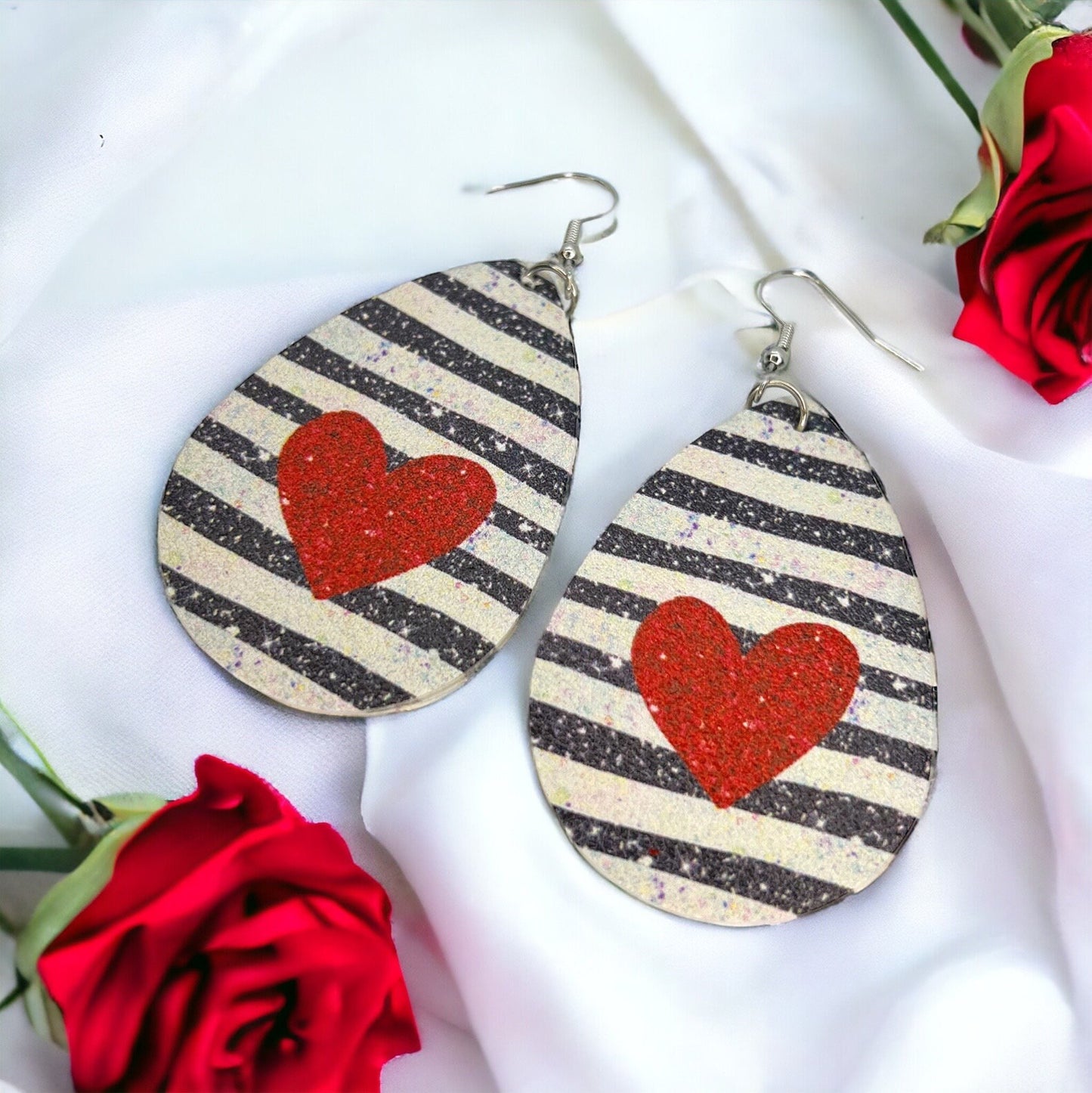 Stripe Me Sweet – Red Heart Teardrop Earrings with Bold Black & White Stripes - Rhythms of Grace Creative