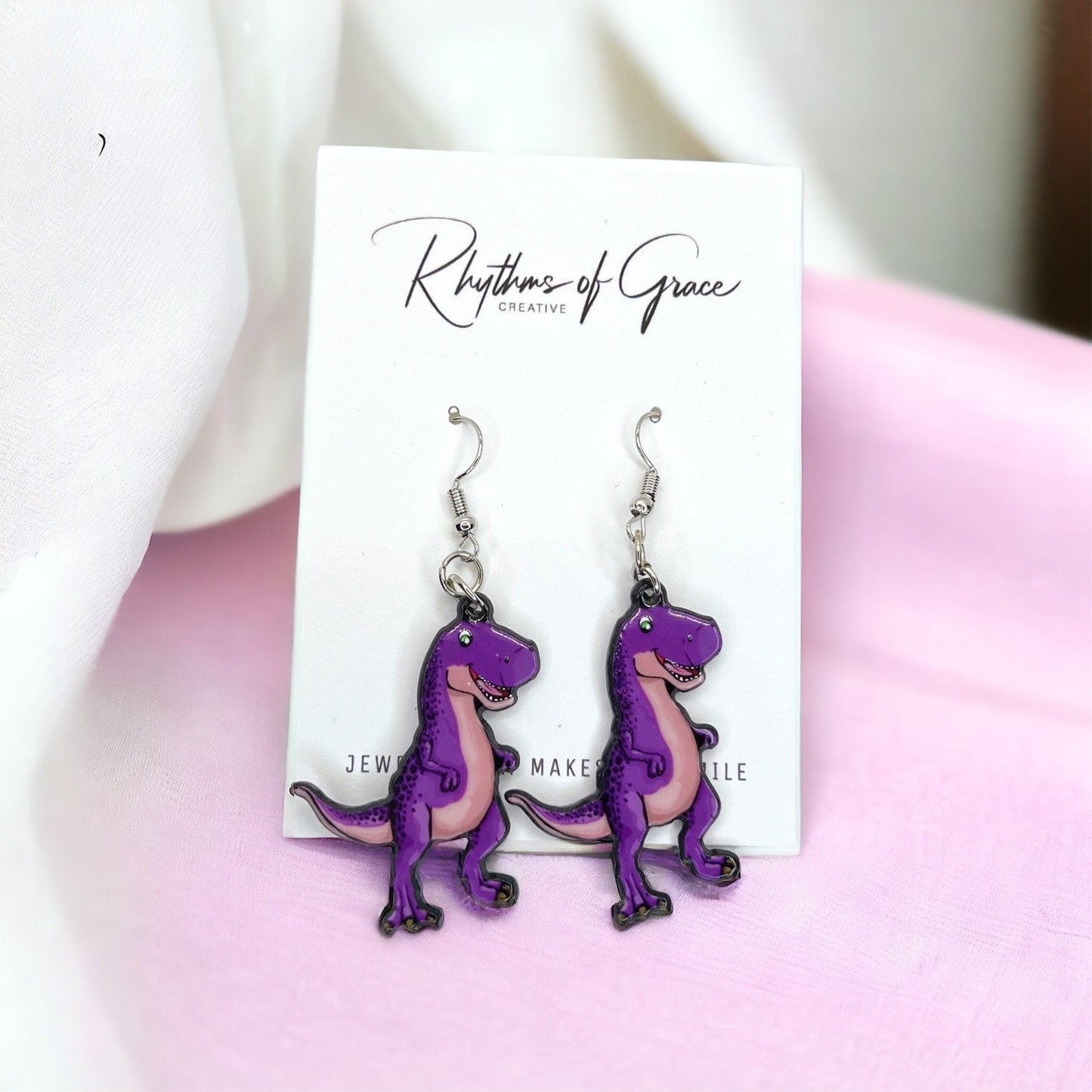 Dinosaur Earrings - Dinosaur Jewelry, Purple Dinosaur, Handmade Earrings, Handmade Jewelry, Animal Earrings, Animal Jewelry, Dino Earrings