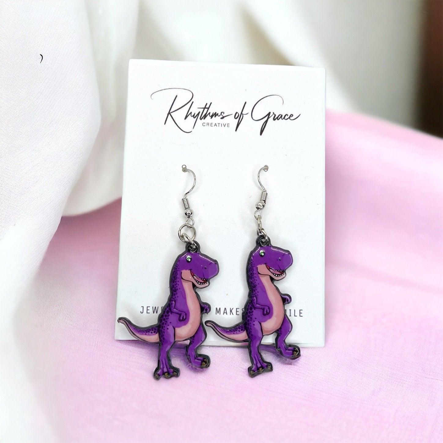 Dinosaur Earrings - Dinosaur Jewelry, Purple Dinosaur, Handmade Earrings, Handmade Jewelry, Animal Earrings, Animal Jewelry, Dino Earrings
