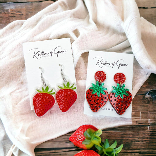 Strawberry Earrings - Strawberry Jewelry, Dangle Earrings, Fruit Earrings, Plant Lady, Handmade Earrings, Strawberry Festival, Strawberries