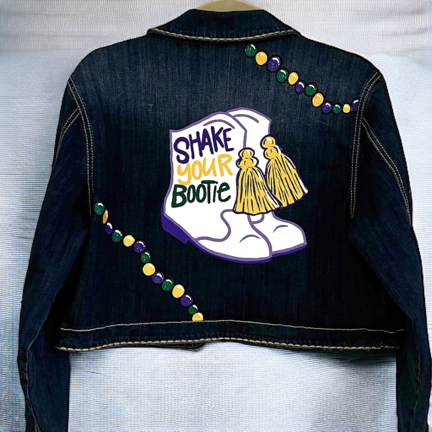 Hand Painted Mardi Gras Jean Jacket - Mardi Gras, Painted Jean Jacket, New Orleans, NOLA, Purple Green Gold, Mardi Gras, Parade Outfit - Rhythms of Grace Creative