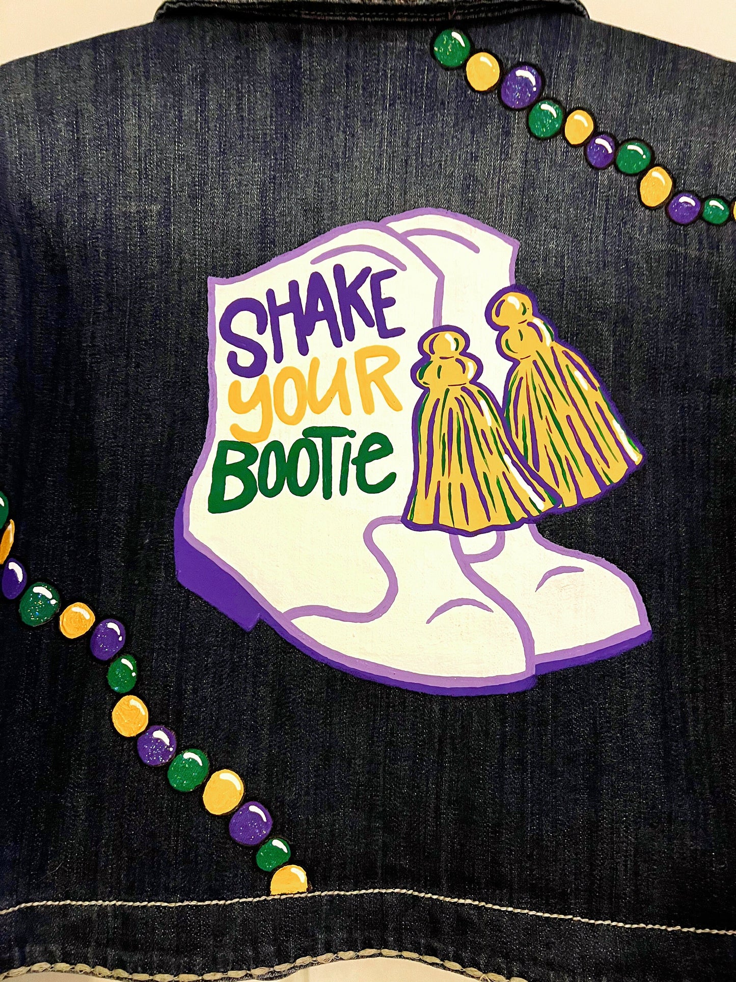Hand Painted Mardi Gras Jean Jacket - Mardi Gras, Painted Jean Jacket, New Orleans, NOLA, Purple Green Gold, Mardi Gras, Parade Outfit - Rhythms of Grace Creative