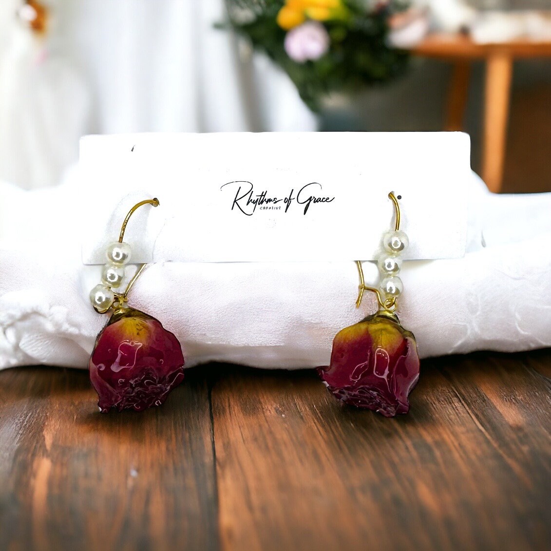 Dried Rose Earrings - Deied Flowers, Easter Earrings, Handmade Earrings, Dried Flower Earrings, Dried Flower Jewelry, Floral Accessories