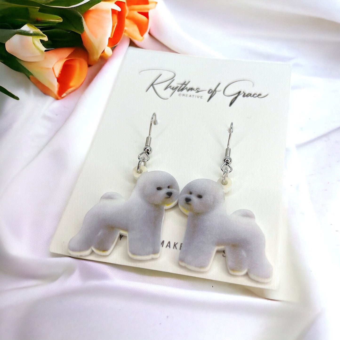 Bichon Frise Earrings - Dog Earrings, Dog Jewelry, Dog Mom, White Maltese, White Bichon, Bichon Frise, Fluffy White Dog, Furbaby, Handmade