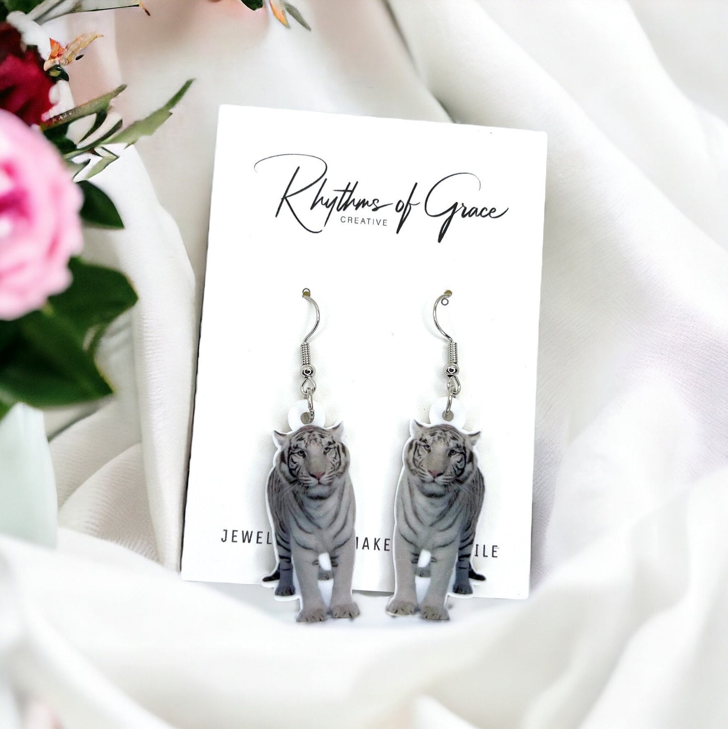 White Tiger Earrings - Tiger Jewelry, Handmade Earrings, Handmade Jewelry, Animal Earrings, Tiger Football, Animal Jewelry, Tigers