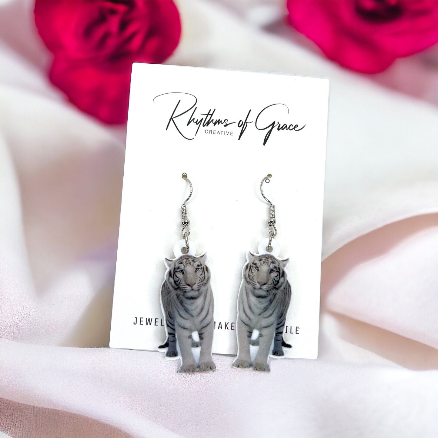 White Tiger Earrings - Tiger Jewelry, Handmade Earrings, Handmade Jewelry, Animal Earrings, Tiger Football, Animal Jewelry, Tigers