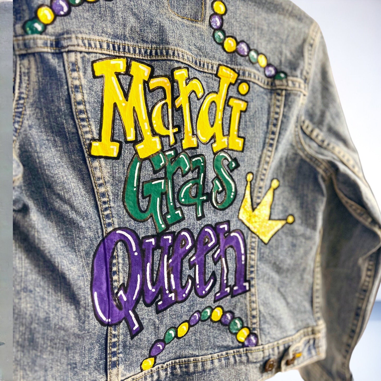Hand Painted Mardi Gras Jean Jacket - Mardi Gras, Painted Jean Jacket, New Orleans, NOLA, Purple Green Gold, Mardi Gras, Parade Outfit