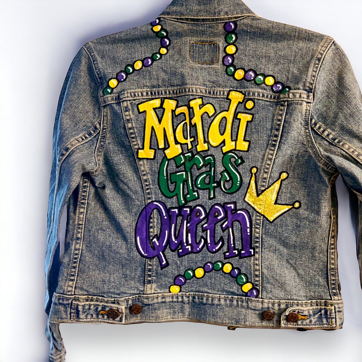 Hand Painted Mardi Gras Jean Jacket - Mardi Gras, Painted Jean Jacket, New Orleans, NOLA, Purple Green Gold, Mardi Gras, Parade Outfit