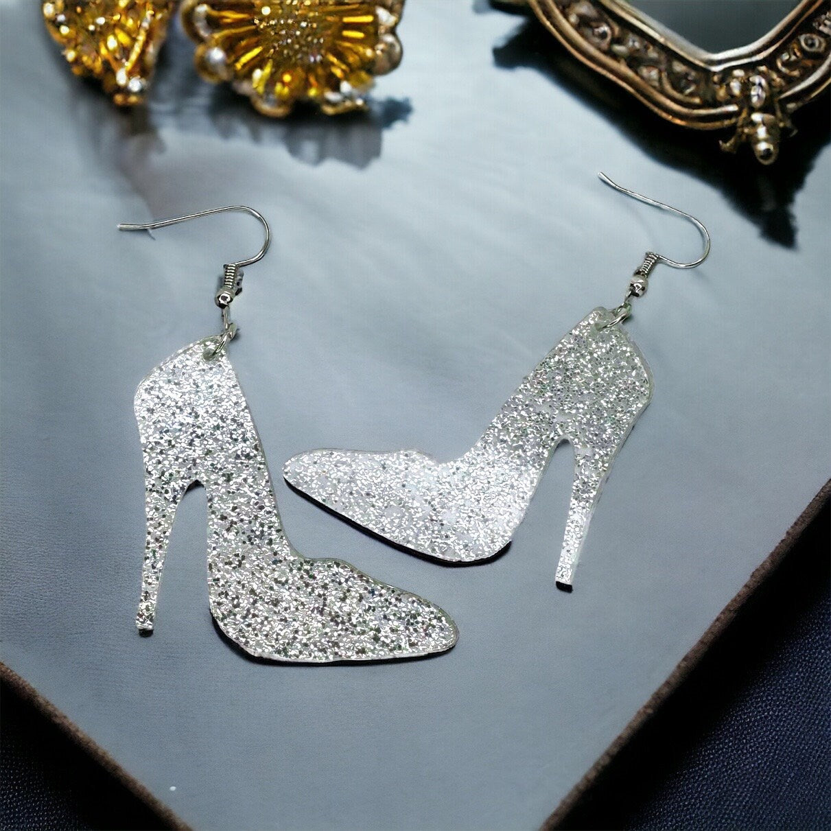 High Heel Earrings, High Heel Jewelry, Dangle Earrings, Handmade Earrings, Stilleto Earrings, Glass Slipper, Silver Shoe, Shoe Earrings