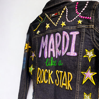 Hand Painted Mardi Gras Jean Jacket - Mardi Gras, Mardi Gras Jacket, New Orleans, Purple Green Gold, Mardi Gras, Parade Outfit, Glitter