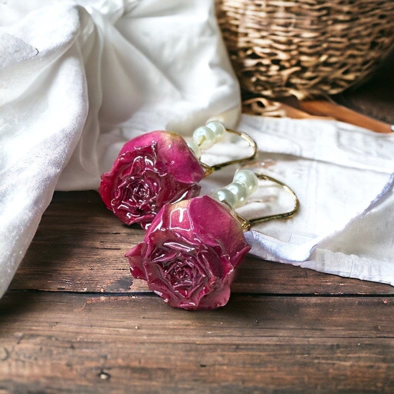 Dried Rose Earrings - Deied Flowers, Easter Earrings, Handmade Earrings, Dried Flower Earrings, Dried Flower Jewelry, Floral Accessories