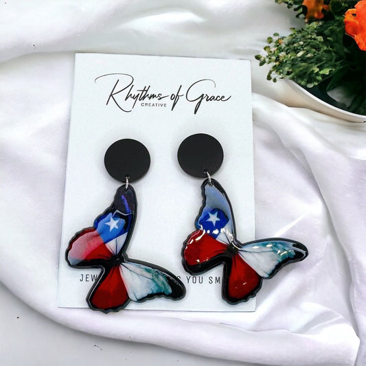 Butterfly Earrings - Handmade Earrings, Butterfly Jewelry, Butterfly Accessories, Texas Flag, Easter, American Flag, Red White and Blue