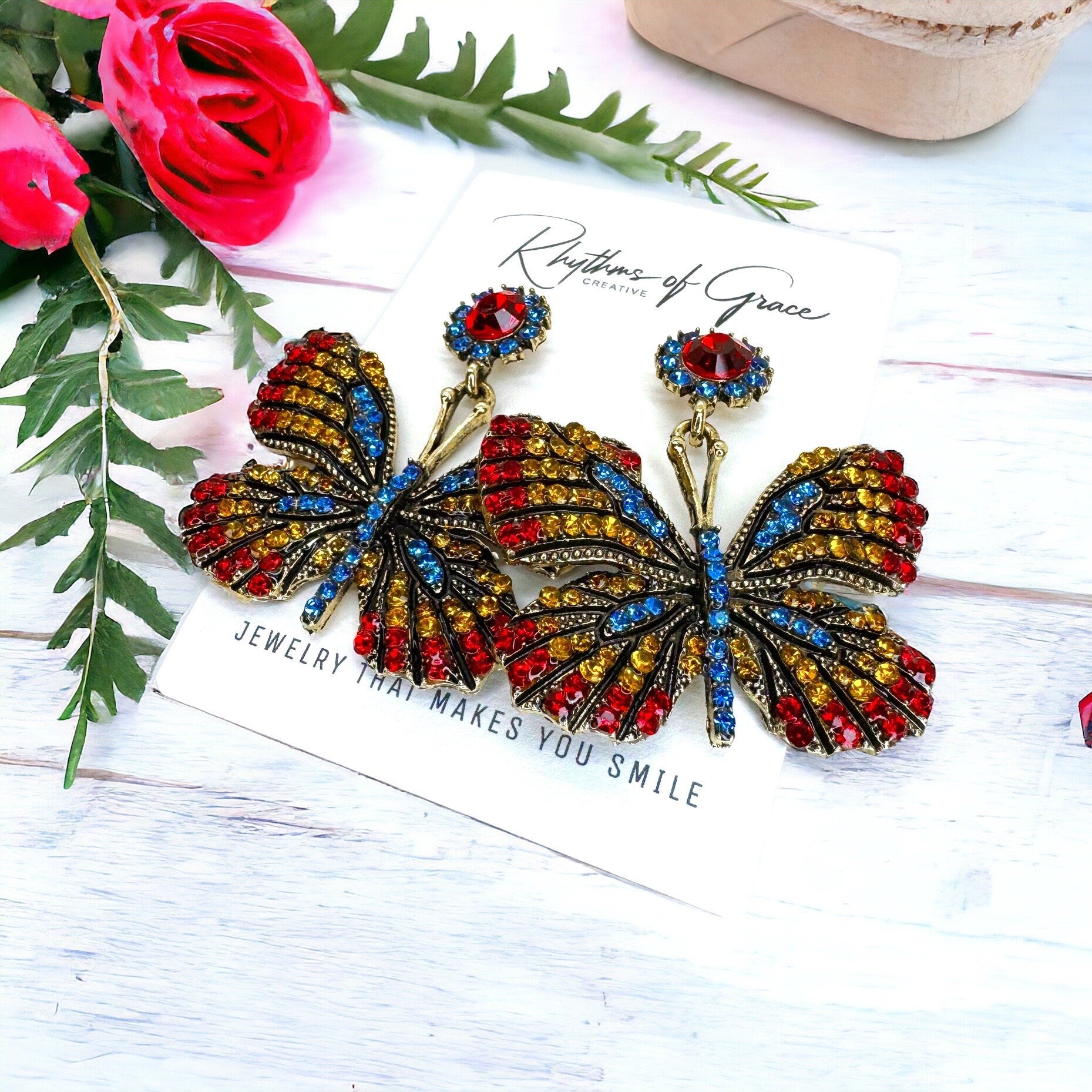 Butterfly Earrings - Easter Earrings, Rhinestone Butterfly, Butterfly Jewelry, Butterfly Accessories, Easter Accessories, Monarch Butterfly
