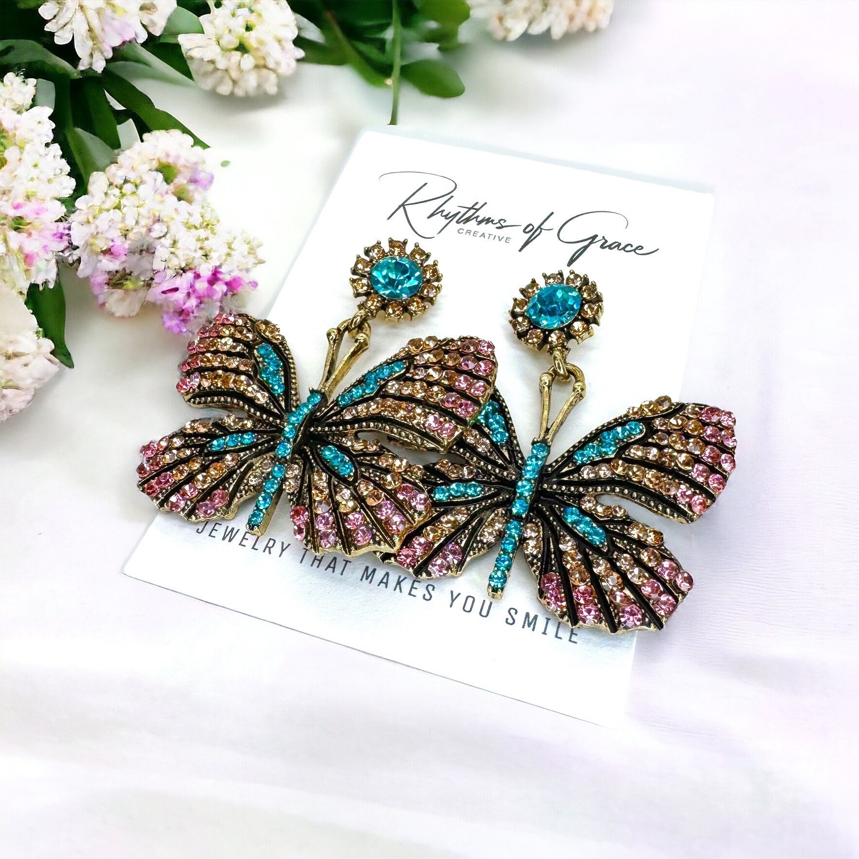 Butterfly Earrings - Easter Earrings, Rhinestone Butterfly, Butterfly Jewelry, Butterfly Accessories, Easter Accessories, Monarch Butterfly