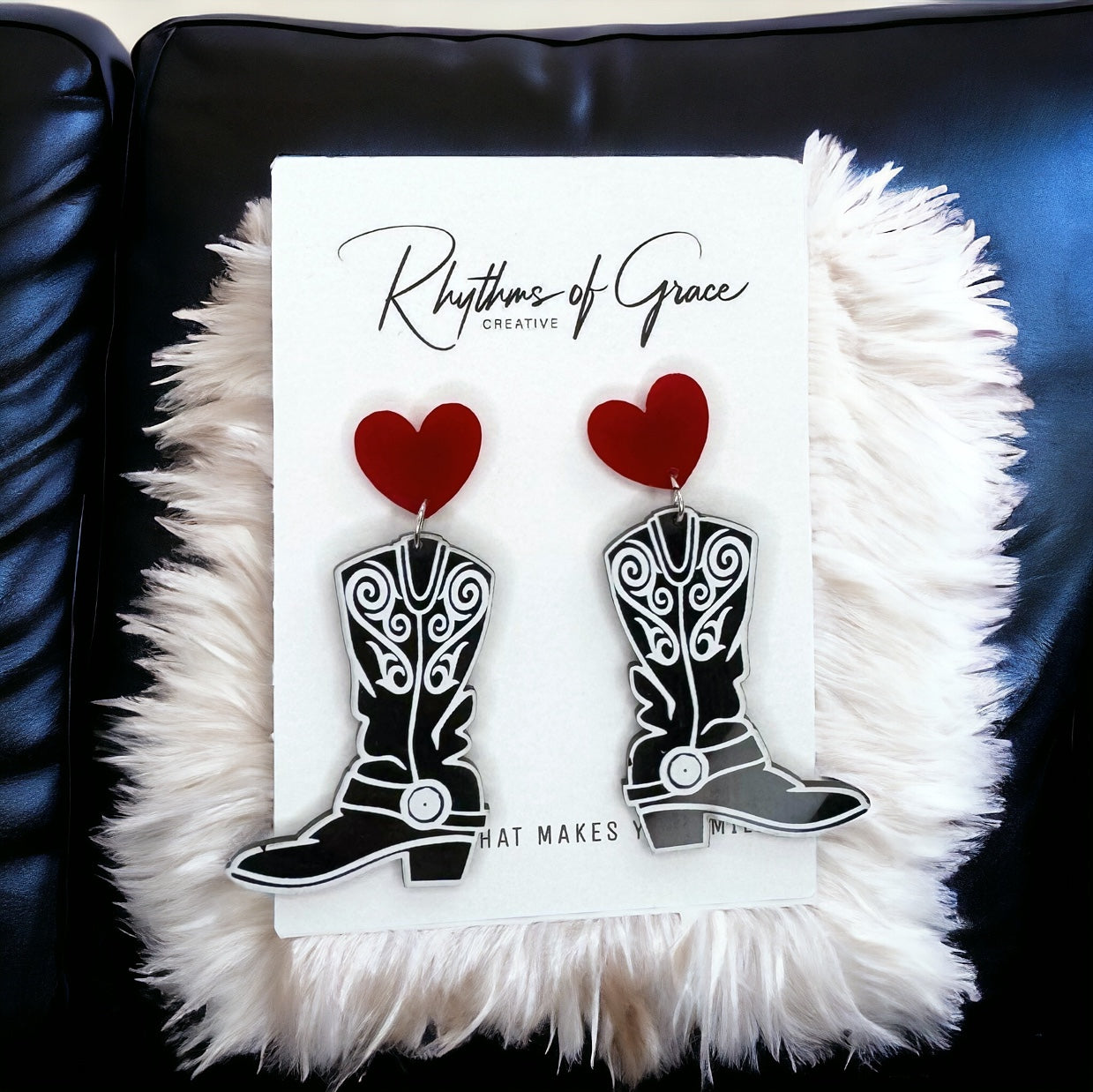 Trendy Black and White Cowboy Boot Dangle Earrings - Western Style Jewelry