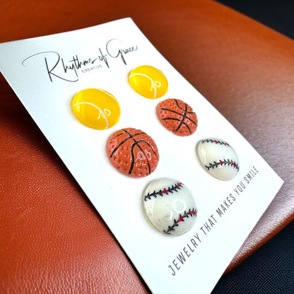 Sporty Sparkle Trio: Baseball, Tennis & Basketball Stud Earrings Set!