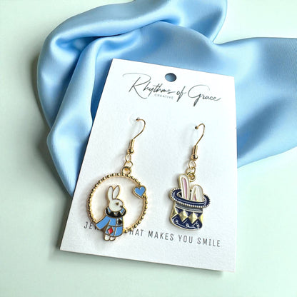 Magical Wonderland Earrings: White Rabbit & Clock Mismatch Dangles