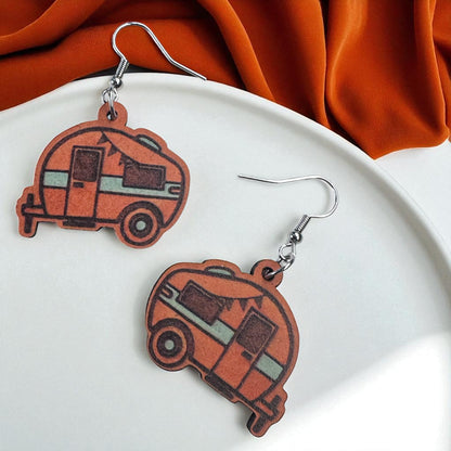 Happy Camper Vibes: Handmade Wooden Camper Dangle Earrings for Your Next Adventure