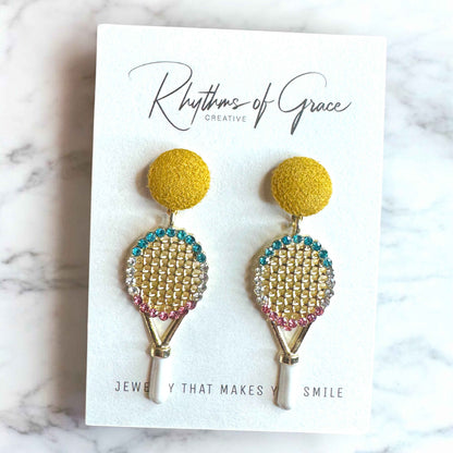 Sparkle on the Court with Our Rhinestone Tennis Racket Dangle Earrings! 🎾