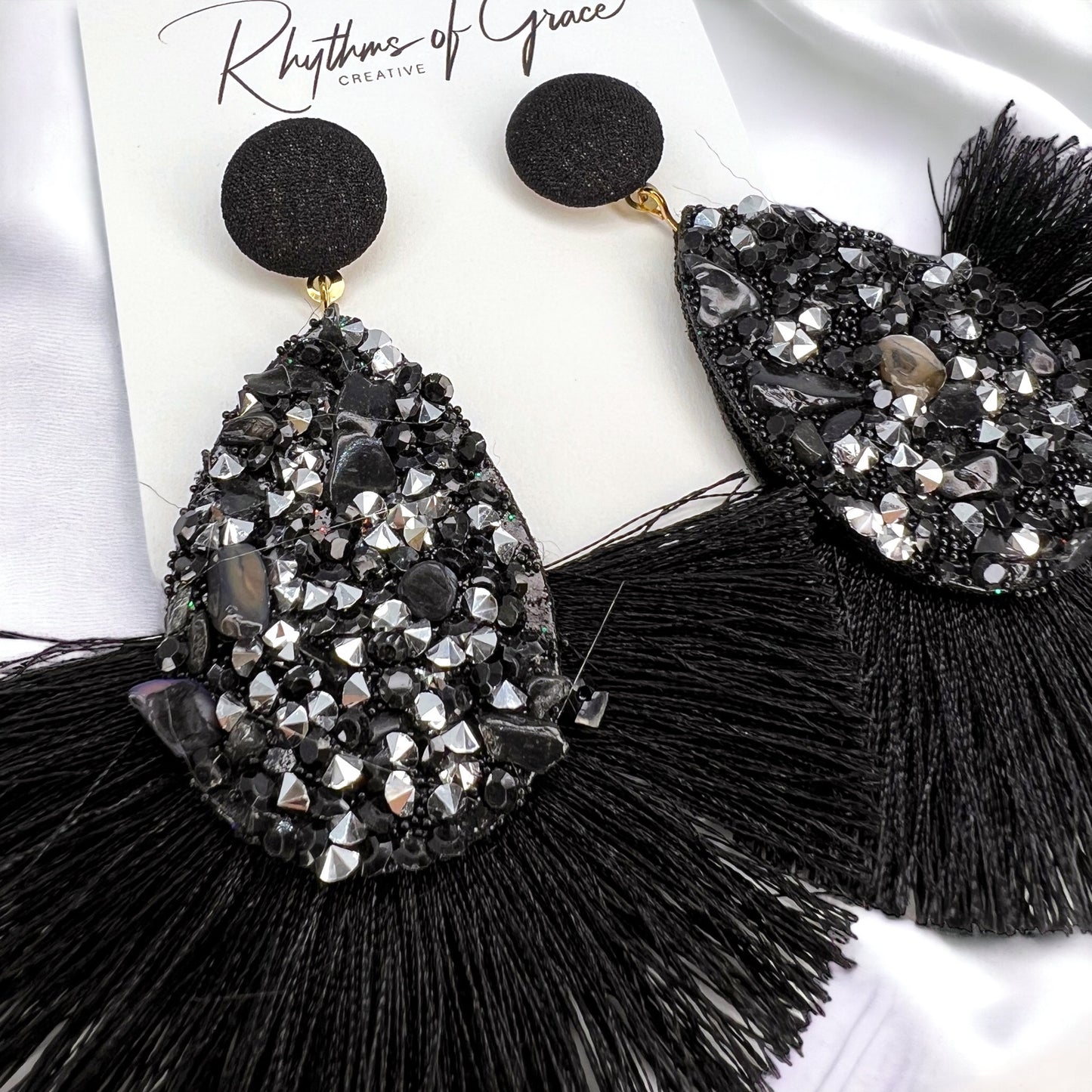 Black Tassel Earrings - Black Rhinestones, hinestone Accessories, Black Earrings, Black and Silver Earrings - Rhythms of Grace Creative