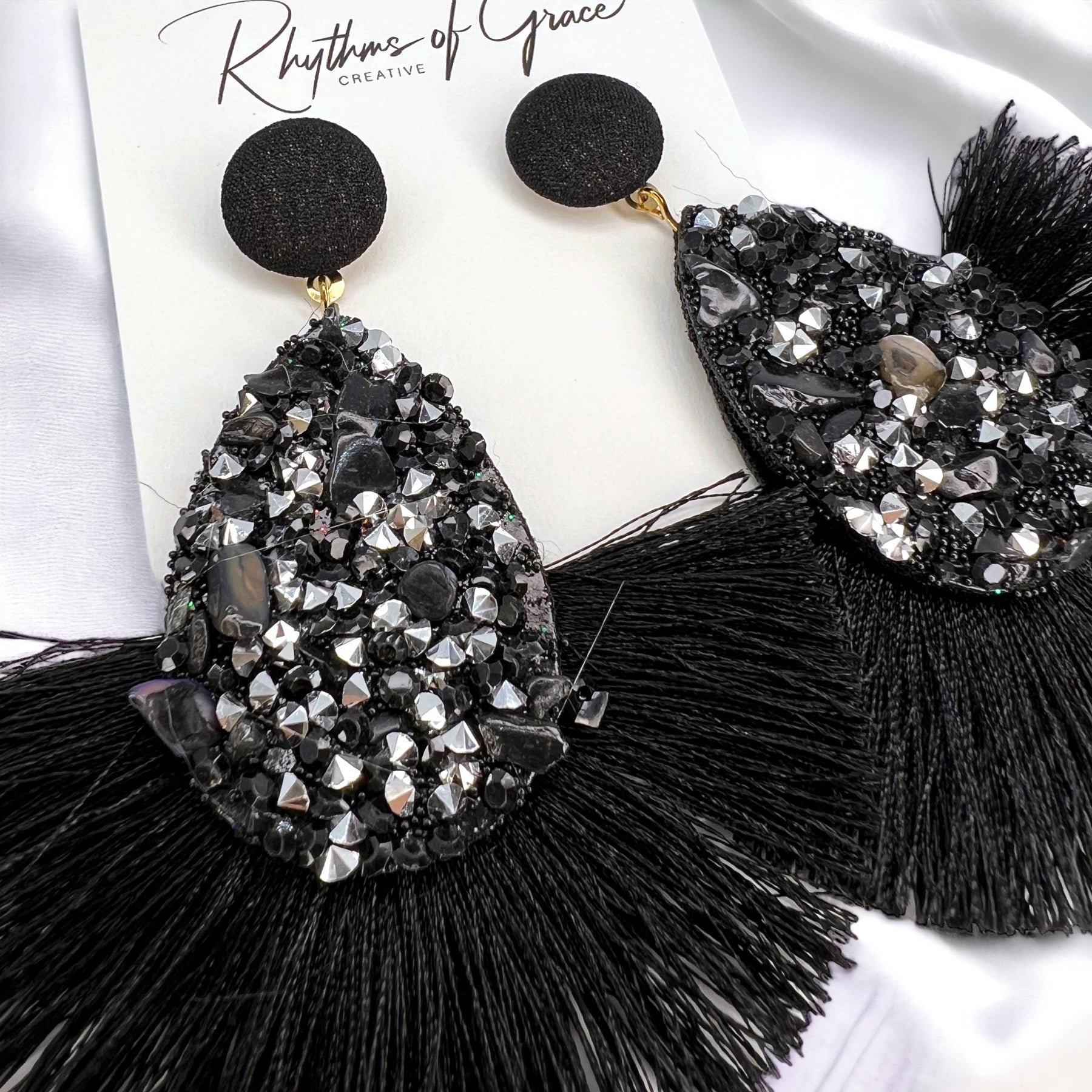 Black Tassel Earrings - Black Rhinestones, hinestone Accessories, Black Earrings, Black and Silver Earrings - Rhythms of Grace Creative