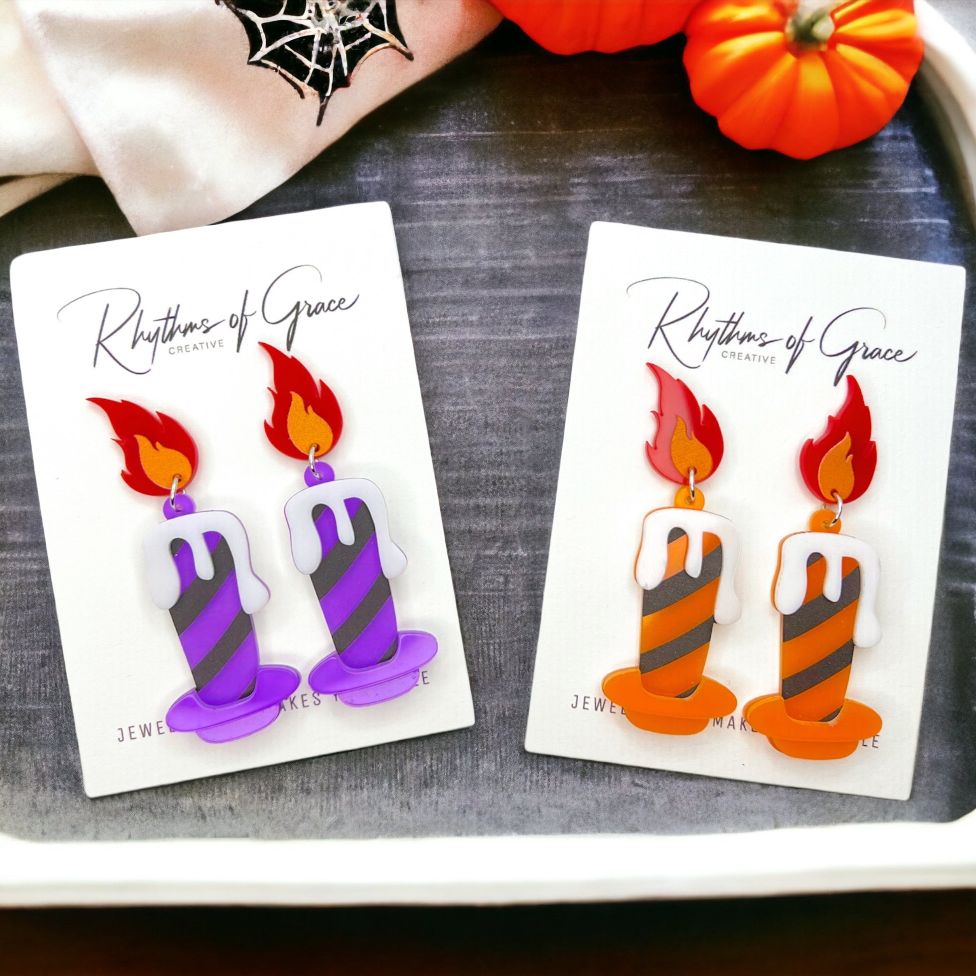 Halloween Candle Earrings - Handmade Acrylic Earrings with Stainless Steel Posts - Rhythms of Grace Creative