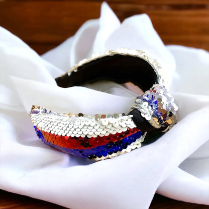 Sequined Patriotic Headband - Handmade Headpiece, Red White and Blue, Stars and Stripes, Military Mom