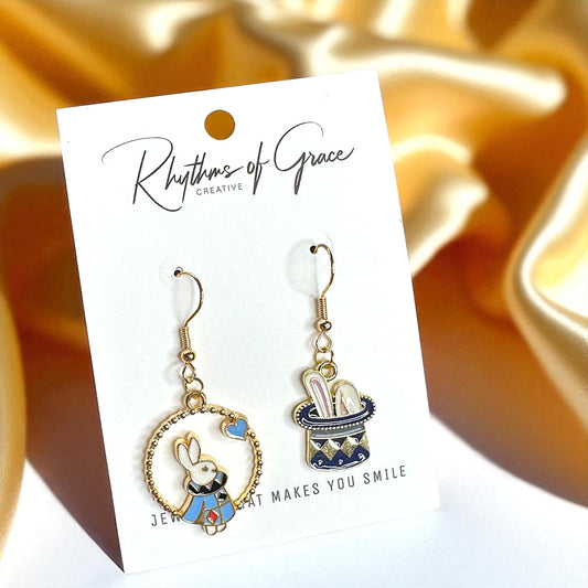 Magical Wonderland Earrings: White Rabbit & Clock Mismatch Dangles