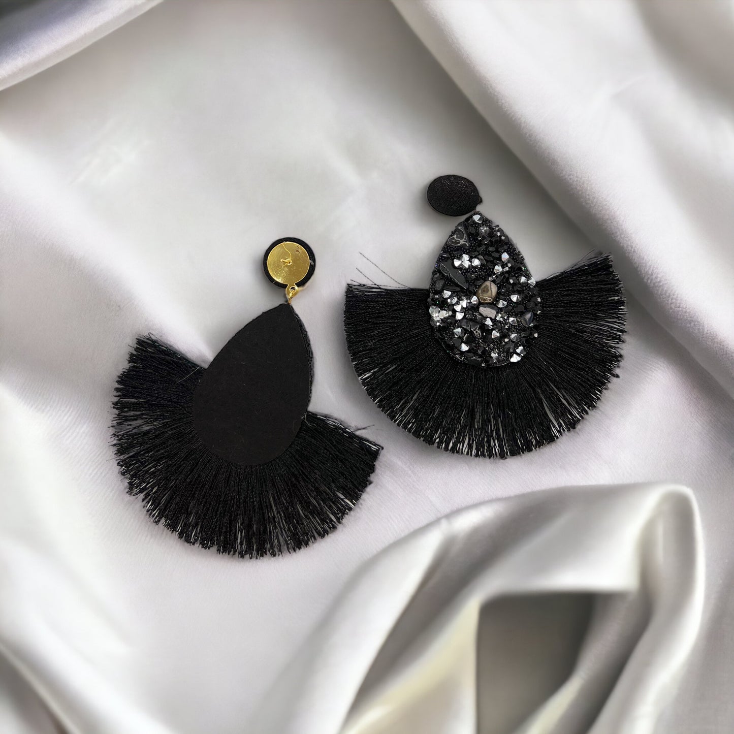 Black Tassel Earrings - Black Rhinestones, hinestone Accessories, Black Earrings, Black and Silver Earrings - Rhythms of Grace Creative