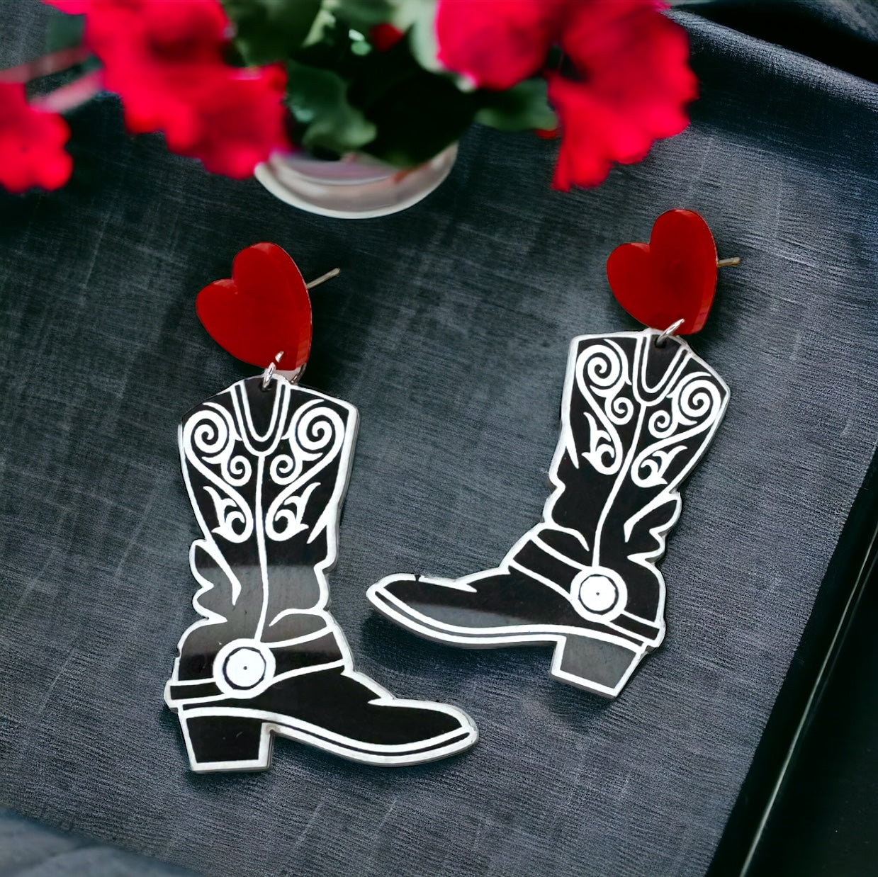 Trendy Black and White Cowboy Boot Dangle Earrings - Western Style Jewelry