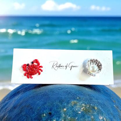 Crab & Sea Shell Stud Earrings – Ocean Chic Awaits!