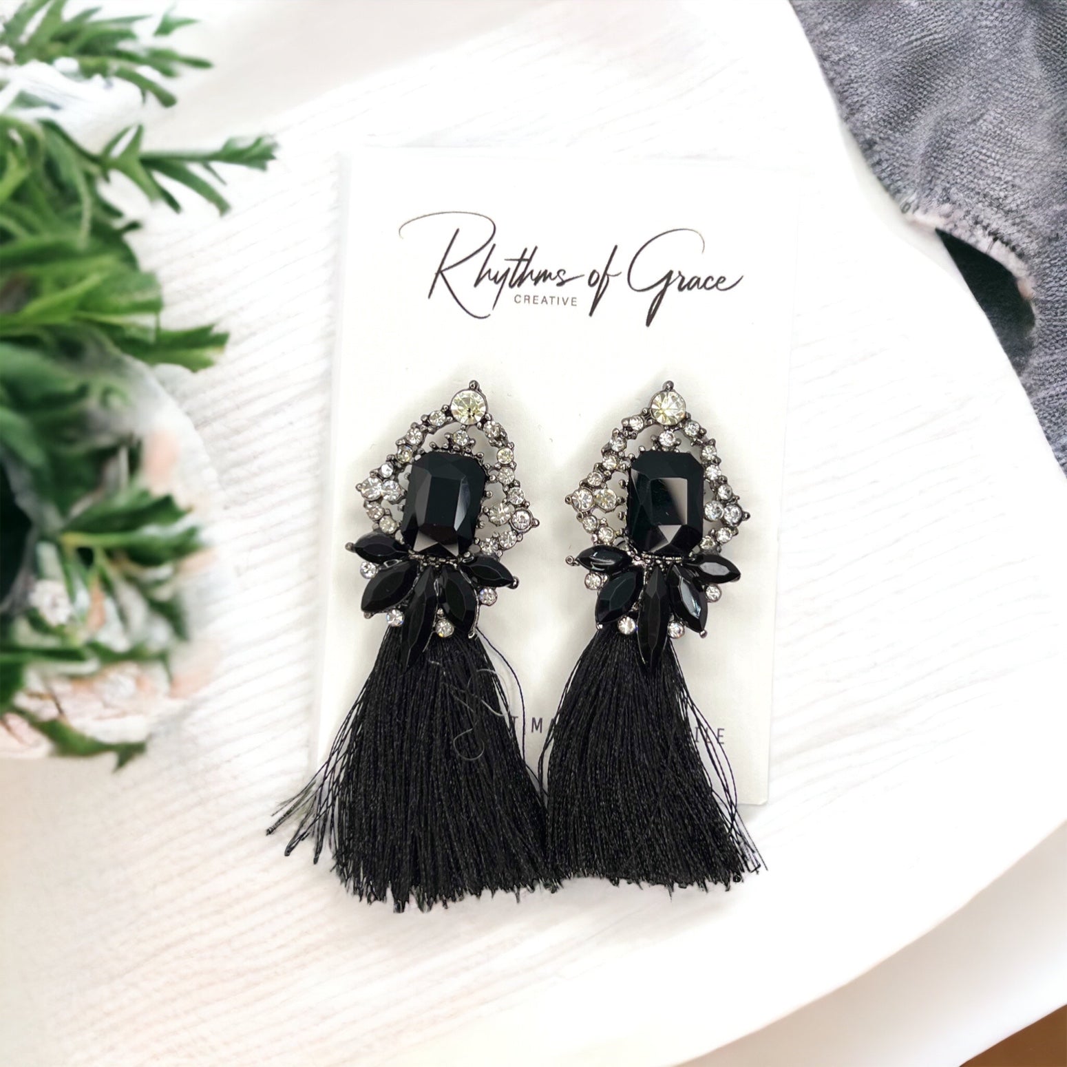 Black Fringe Earrings - Black Rhinestone Earrings, Black Earrings, Fringe Accessories - Rhythms of Grace Creative