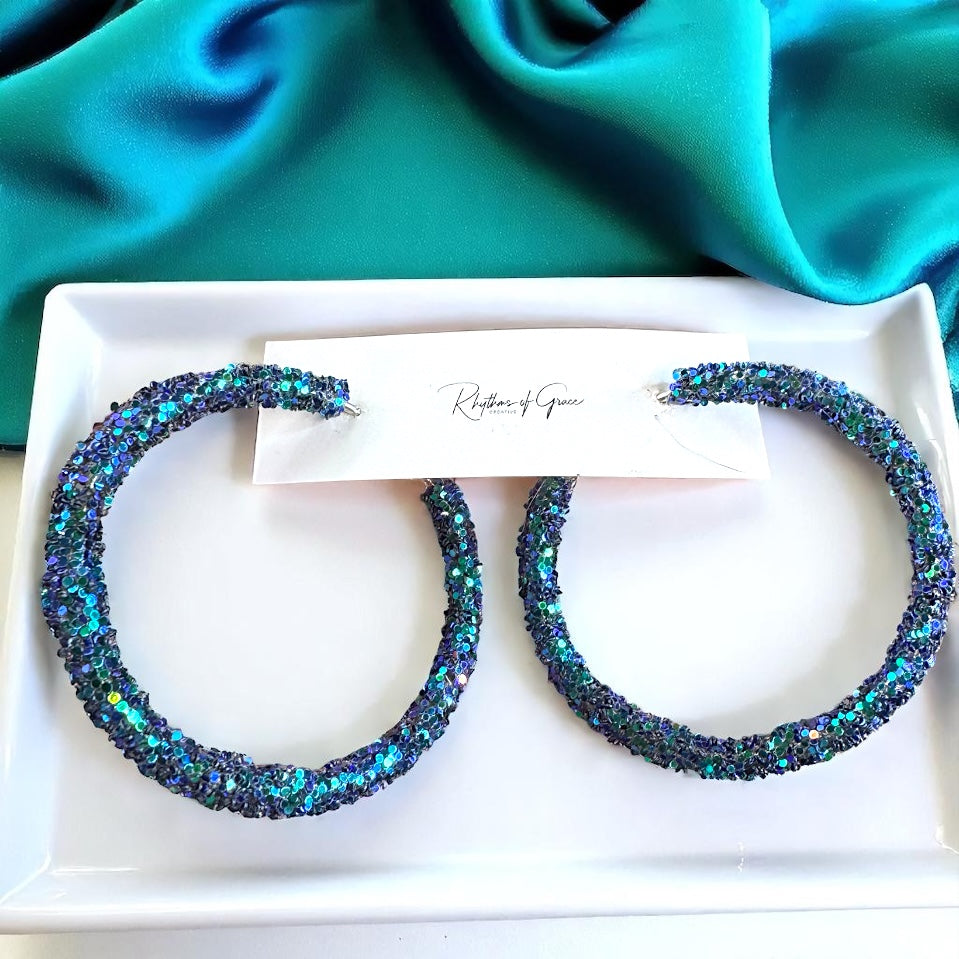 Shimmering Elegance: Blue and Green Glitter Hoops