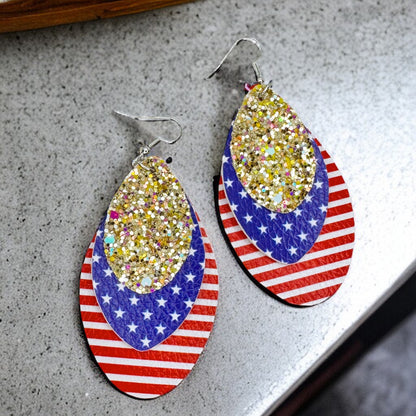 Patriotic Glamour: Red, White & Blue with Gold Glitter Dangle Earrings