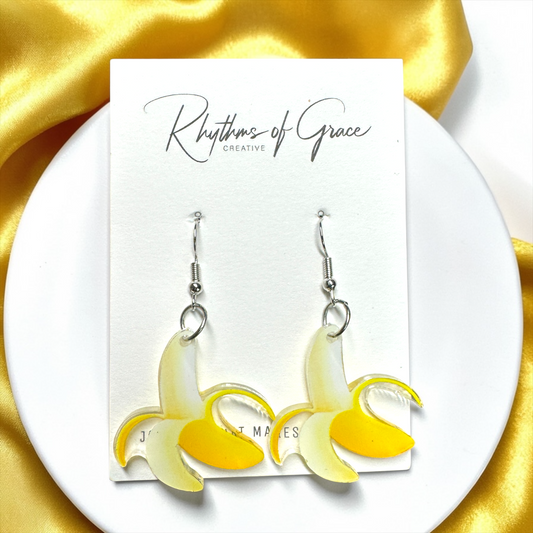 Clear Acrylic Banana Dangle Earrings | Double-Sided Peeled Banana Earrings | Savannah Bananas Inspired | Lightweight Fun Jewelry