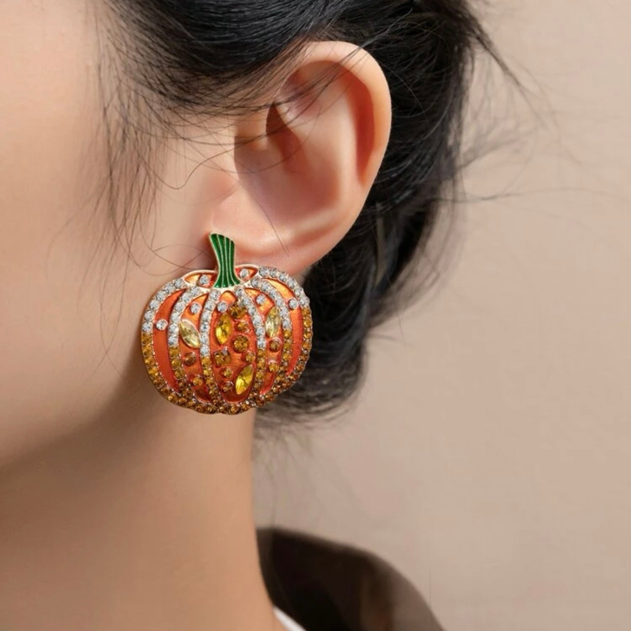 Rhinestone Pumpkin Earrings - Halloween Earrings, Autumn Accessories, Pumpkin Jewelry, Fall Accessories - Rhythms of Grace Creative