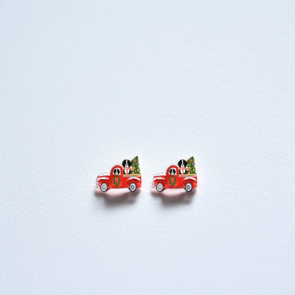 Jolly Pickup Truck Earrings: Holiday Cheer with a St. Bernard Twist!