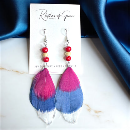 Boho Chic Red, White & Blue Feathered Dangle Earrings