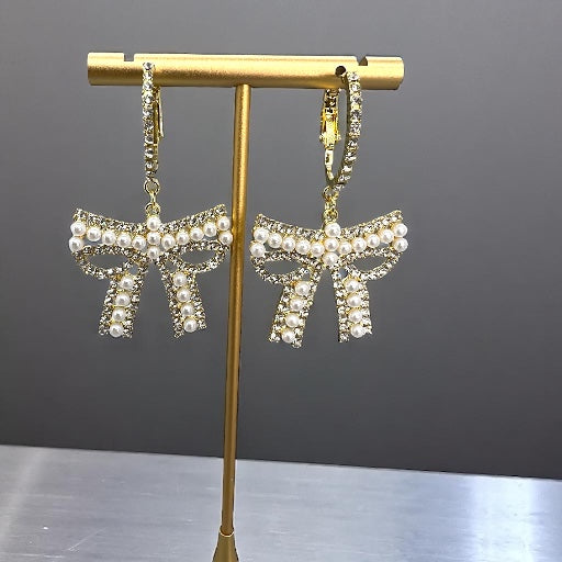 Sparkle & Shine: Rhinestone & Faux Pearl Bow Hoop Earrings